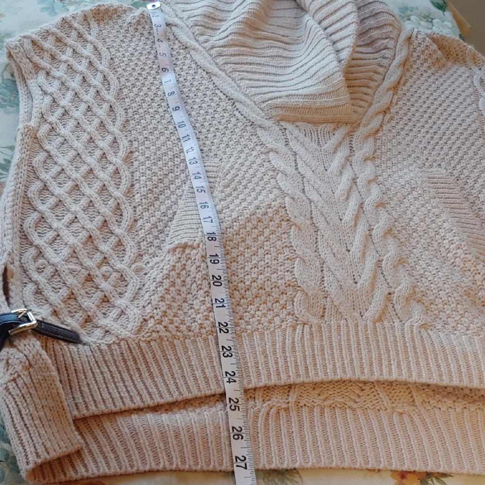 Saks Fifth Ave Wool Blend Cream Cable Knit Cowl Sweater with Side Belts Small - Picture 13 of 16